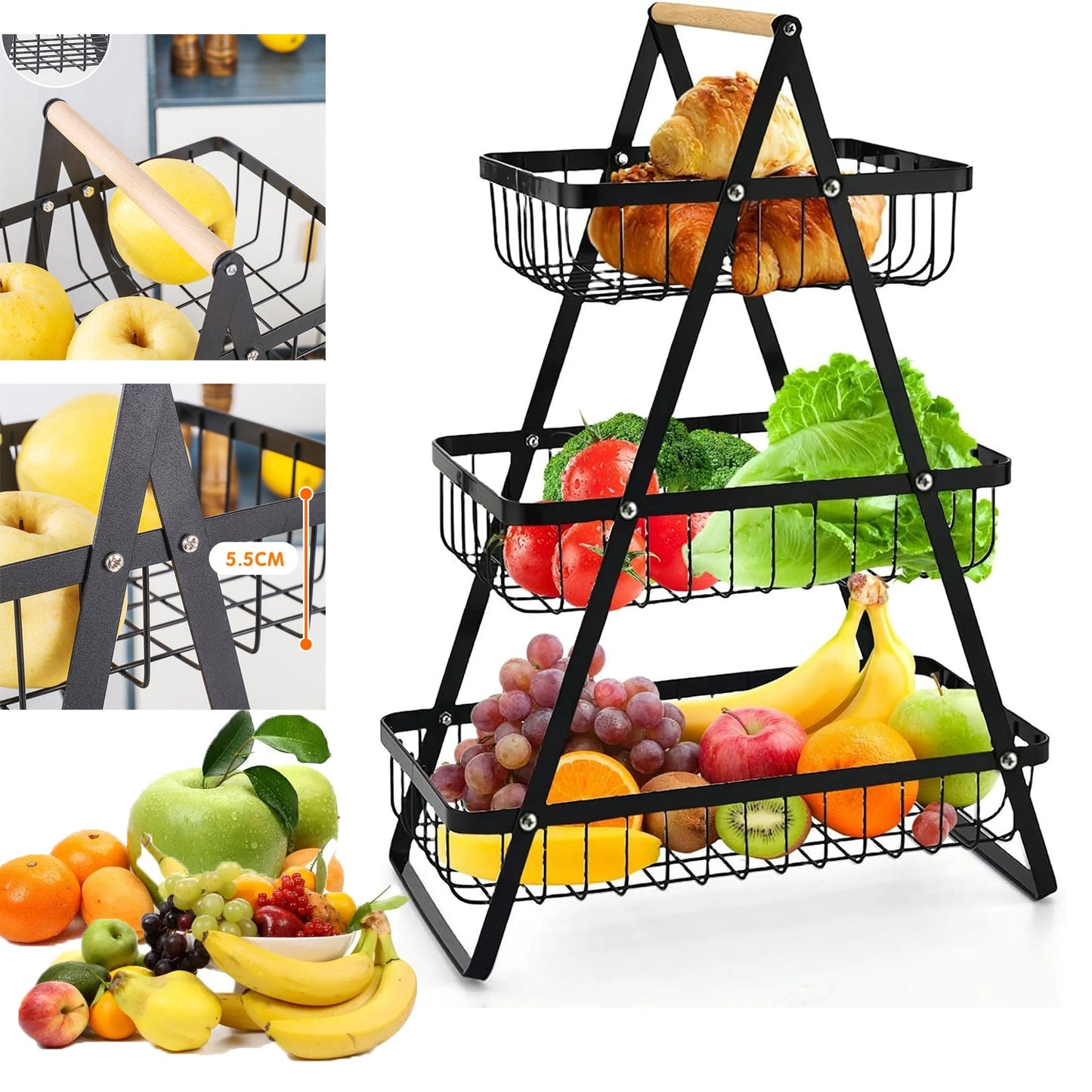 wooden handle counter top 3-tier fruit and vegetable stand by Metallics Home